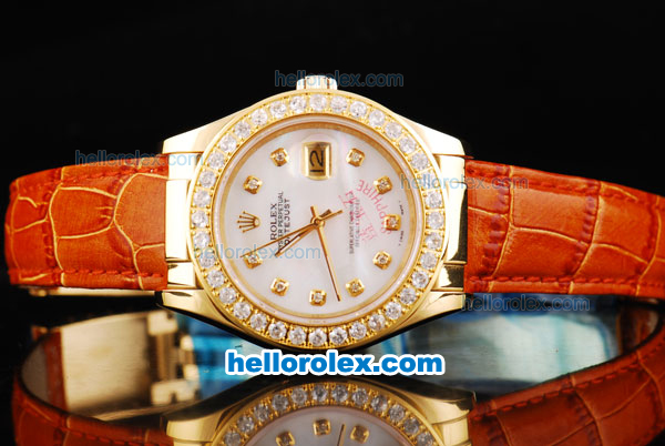 Rolex Datejust Oyster Perpetual Automatic Movement Yellow Gold Case with White Dial and Diamond Hour Marker-Diamond Bezel - Click Image to Close